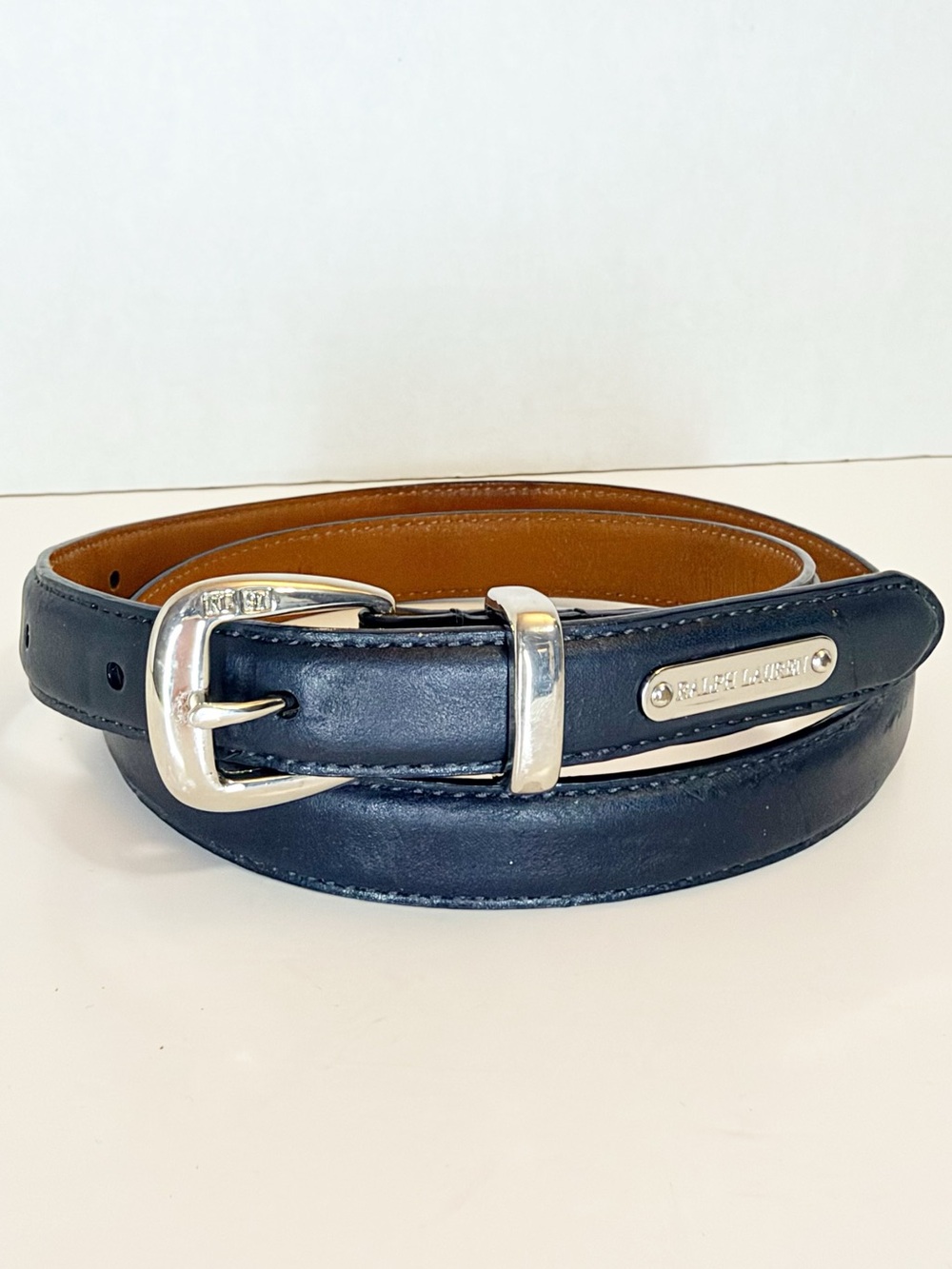 Vintage Ralph Lauren Navy Genuine Italian Leather Belt, Silver Toned Hardware